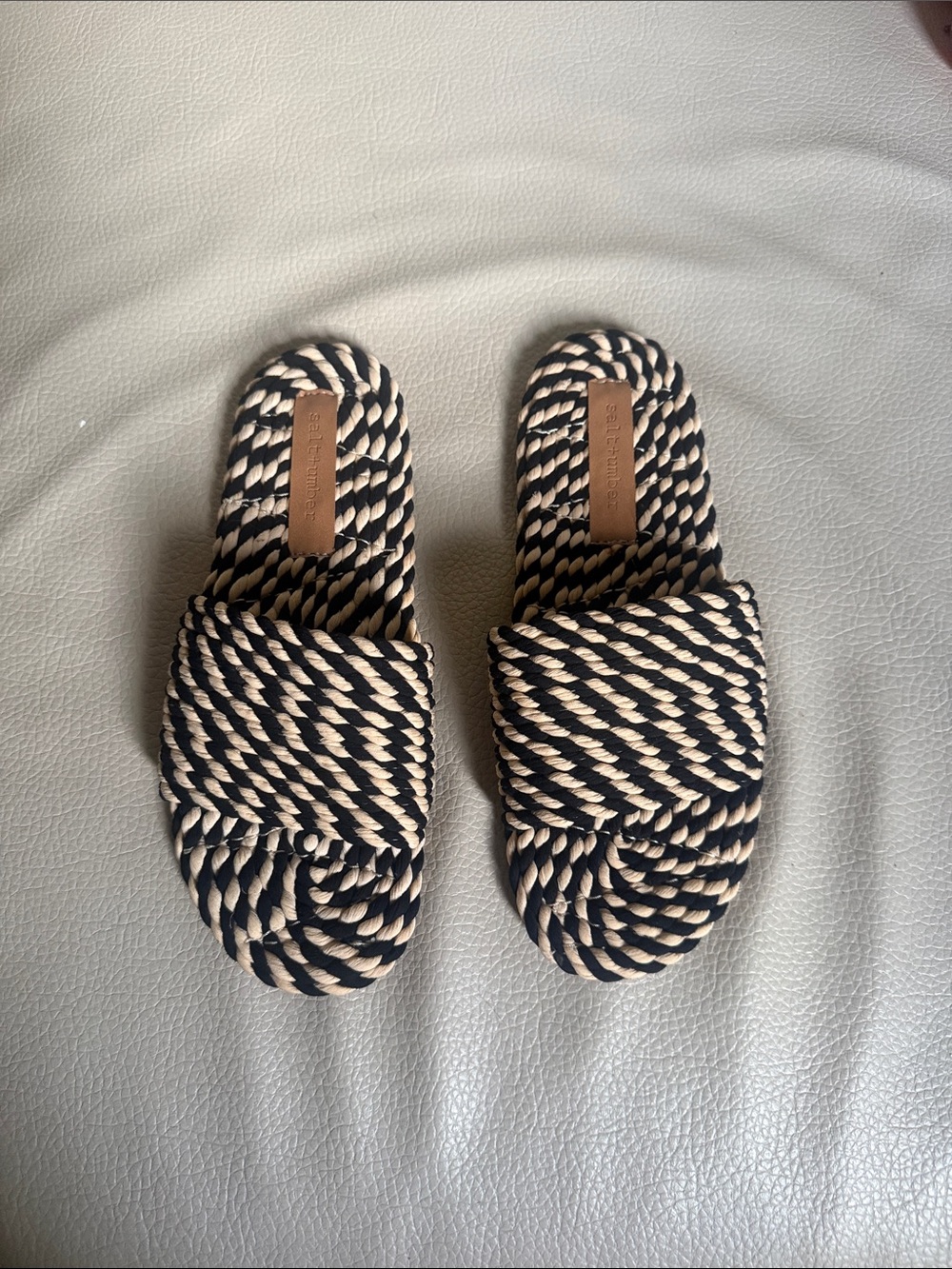 Woven Rope Slide Sandals in Black & Cream - Unknown Brand